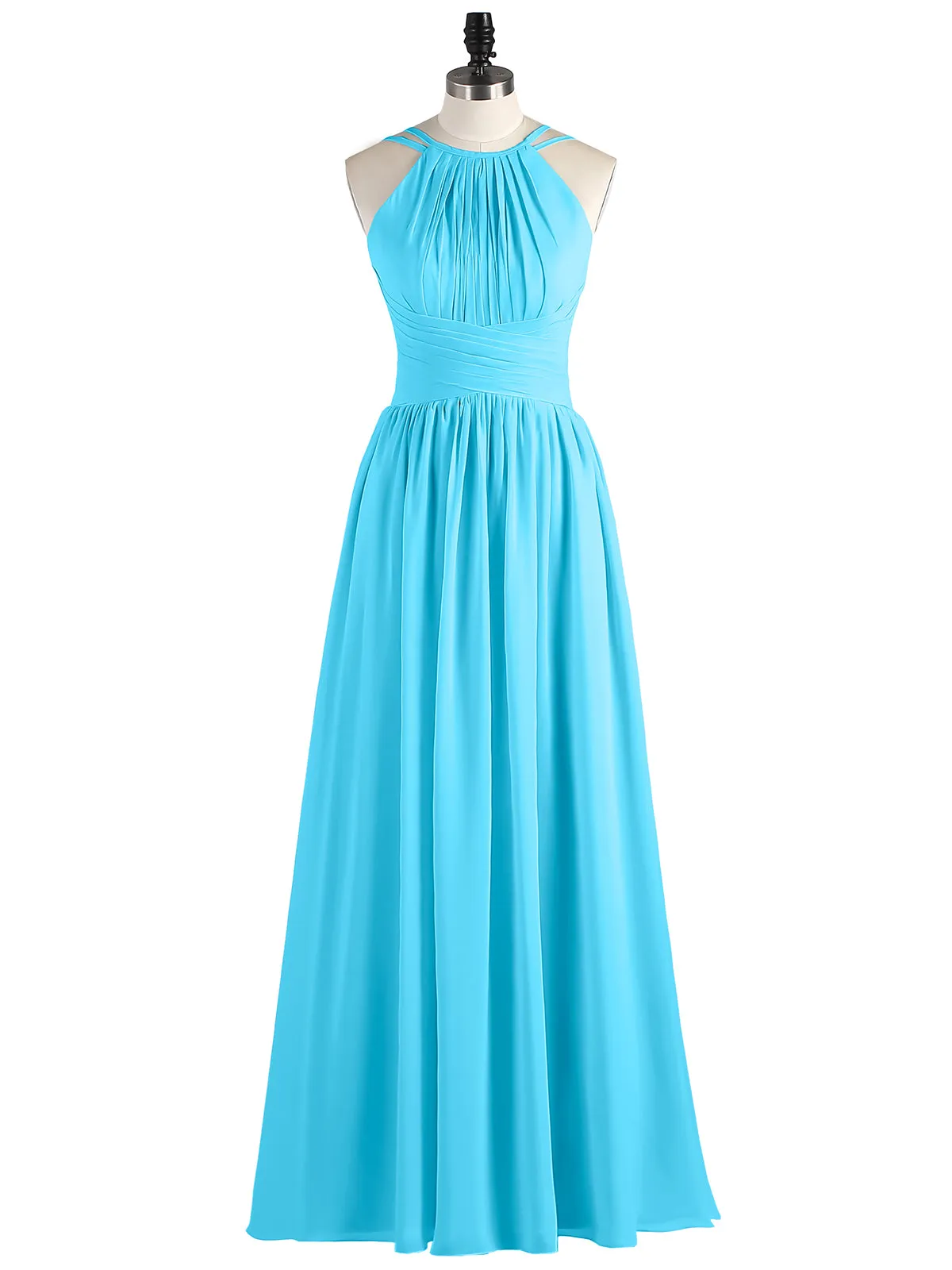 Double Strap Halter Long Chiffon Gowns-Pool