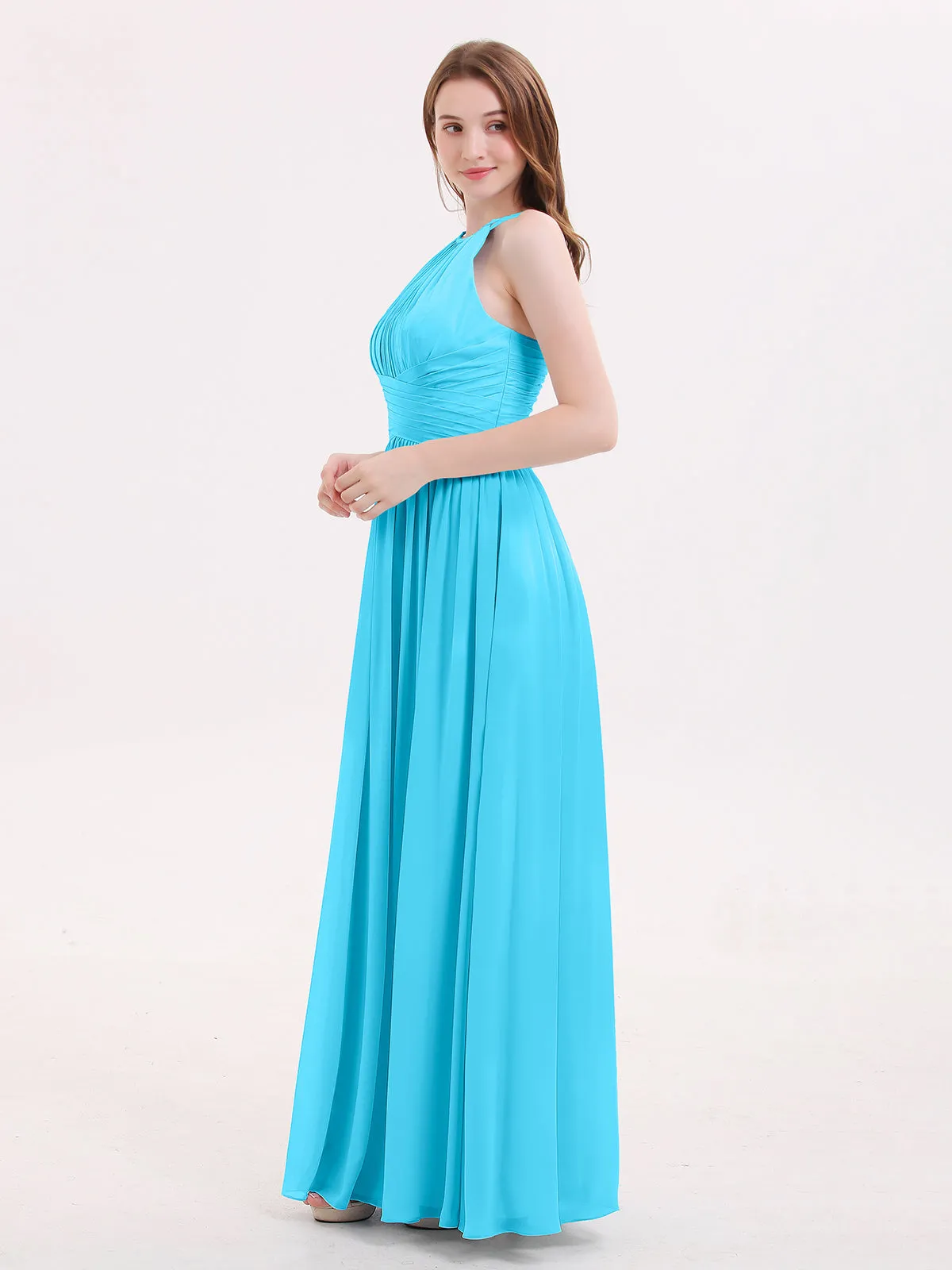 Double Strap Halter Long Chiffon Gowns-Pool