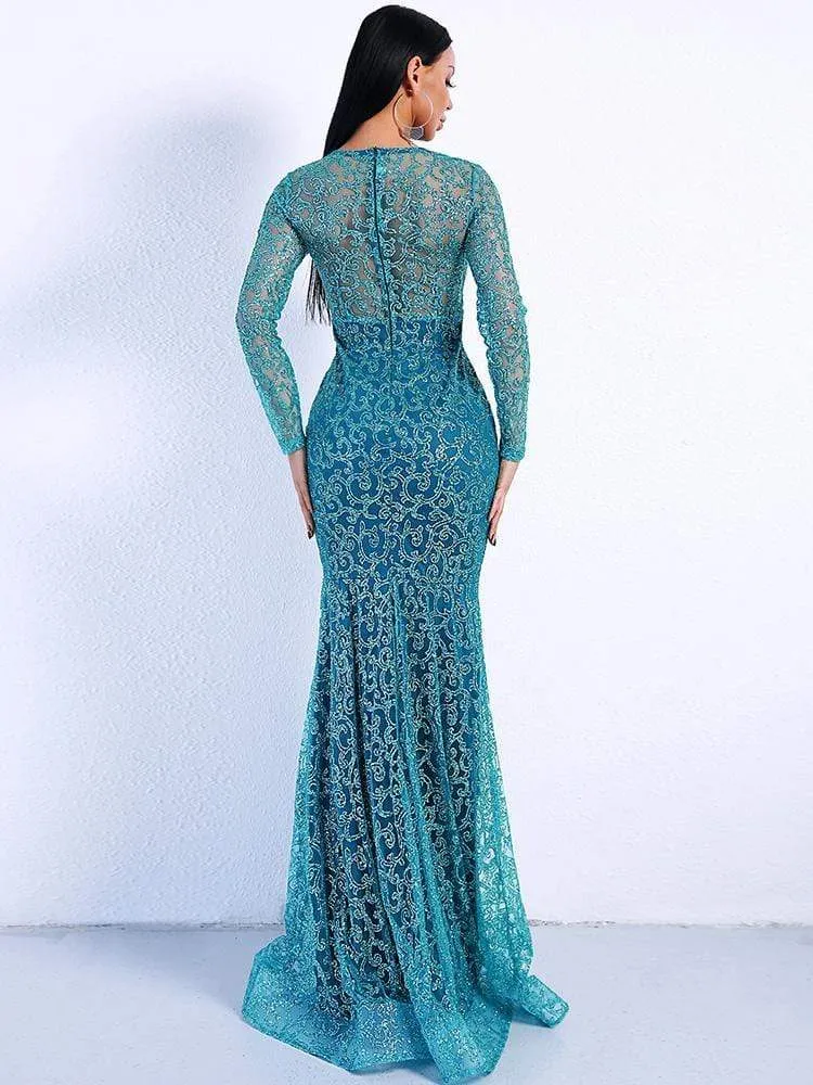 Elegant Blue Vine Pattern Mermaid Dress