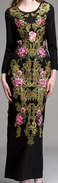 Embellished Brocade Black Gown