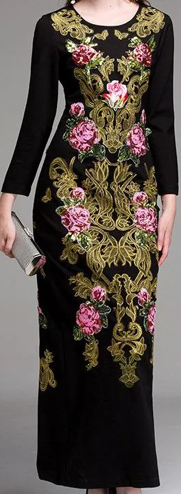 Embellished Brocade Black Gown