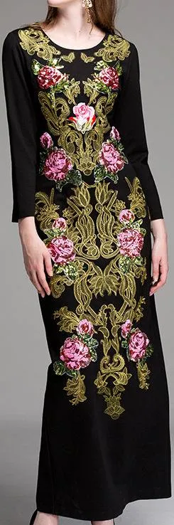 Embellished Brocade Black Gown