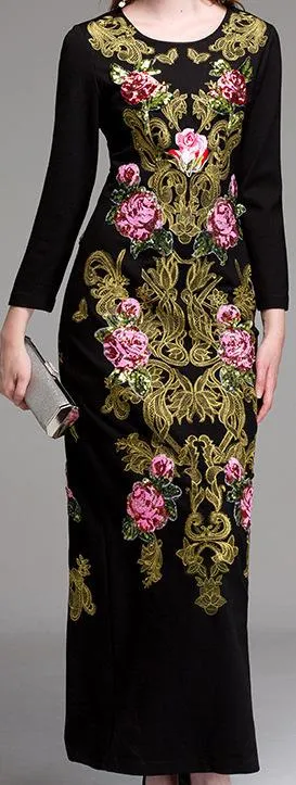 Embellished Brocade Black Gown