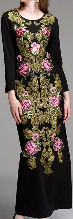 Embellished Brocade Black Gown