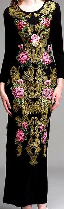 Embellished Brocade Black Gown