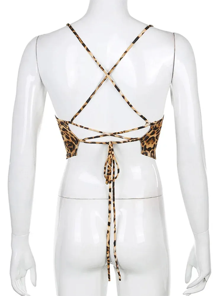 FashionSierra - Leopard Backless Rave Sleeveless Lace Up Bralette Crop Tops