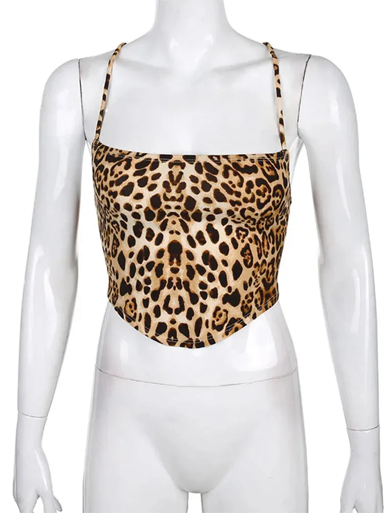 FashionSierra - Leopard Backless Rave Sleeveless Lace Up Bralette Crop Tops