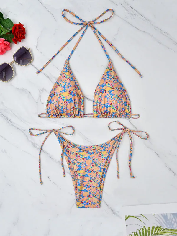 Floral 2 Piece String Bikini Swimsuit - Triangle Bra and Tie-Side Bottoms