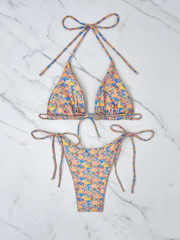 Floral 2 Piece String Bikini Swimsuit - Triangle Bra and Tie-Side Bottoms