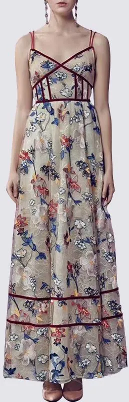 Floral-Embroidered Paneled Sleeveless Gown