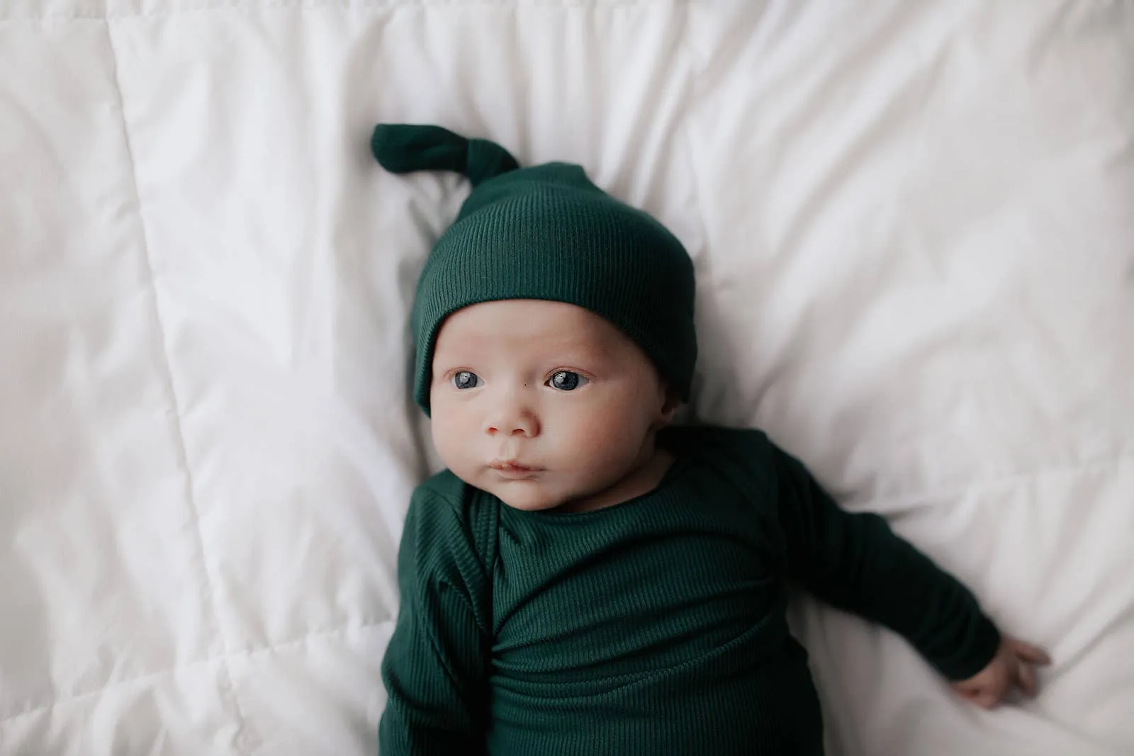 Forest Green Ribbed Knotted Baby Gown and Knot Cap