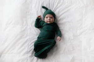 Forest Green Ribbed Knotted Baby Gown and Knot Cap