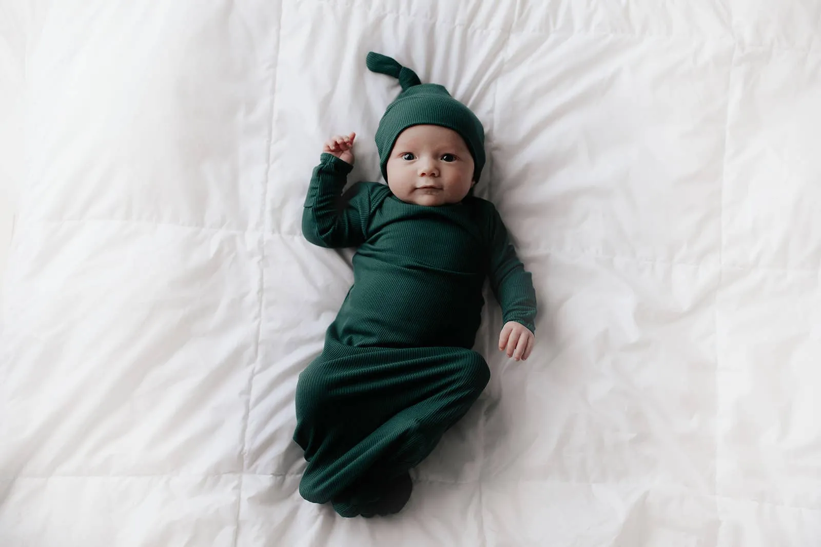 Forest Green Ribbed Knotted Baby Gown and Knot Cap