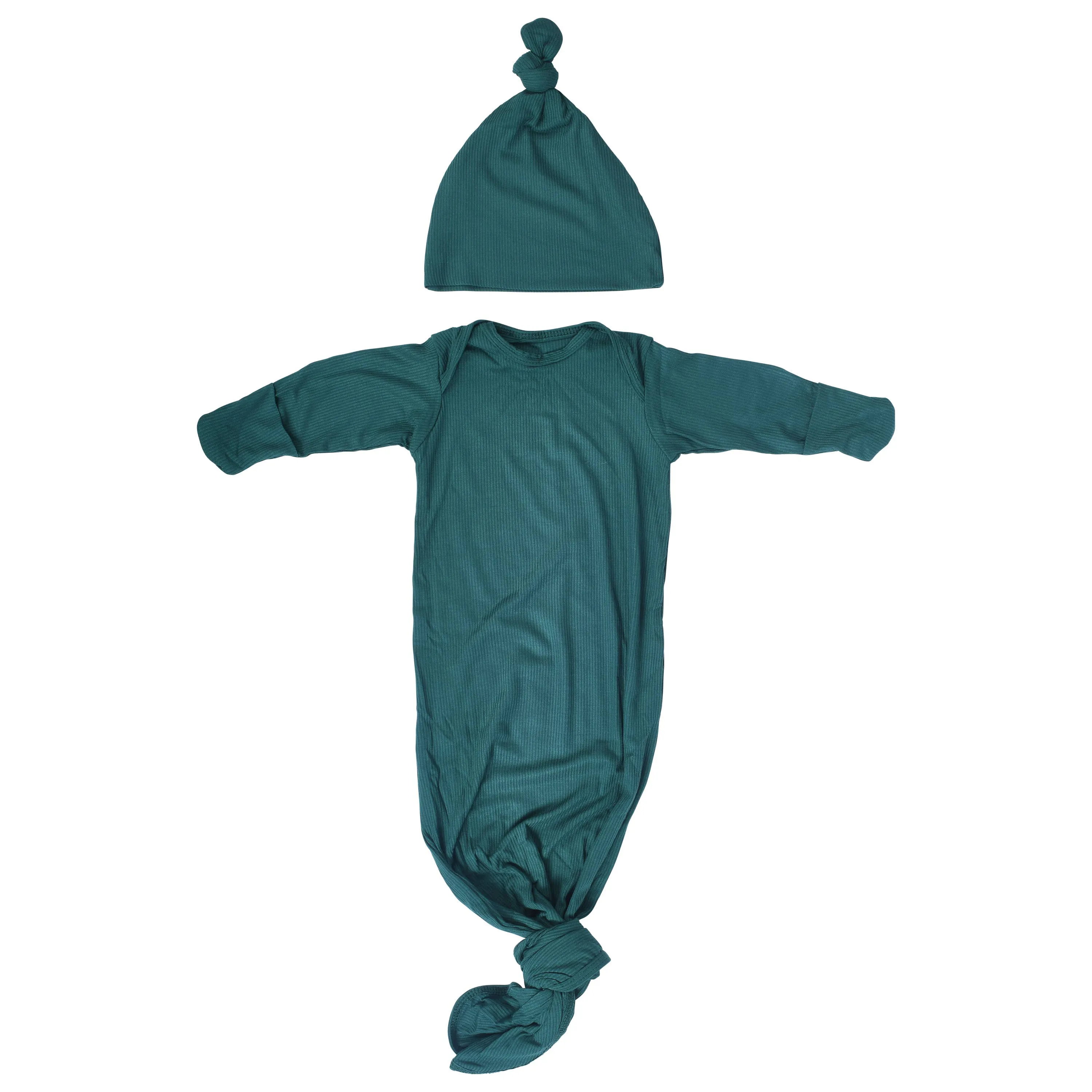 Forest Green Ribbed Knotted Baby Gown and Knot Cap