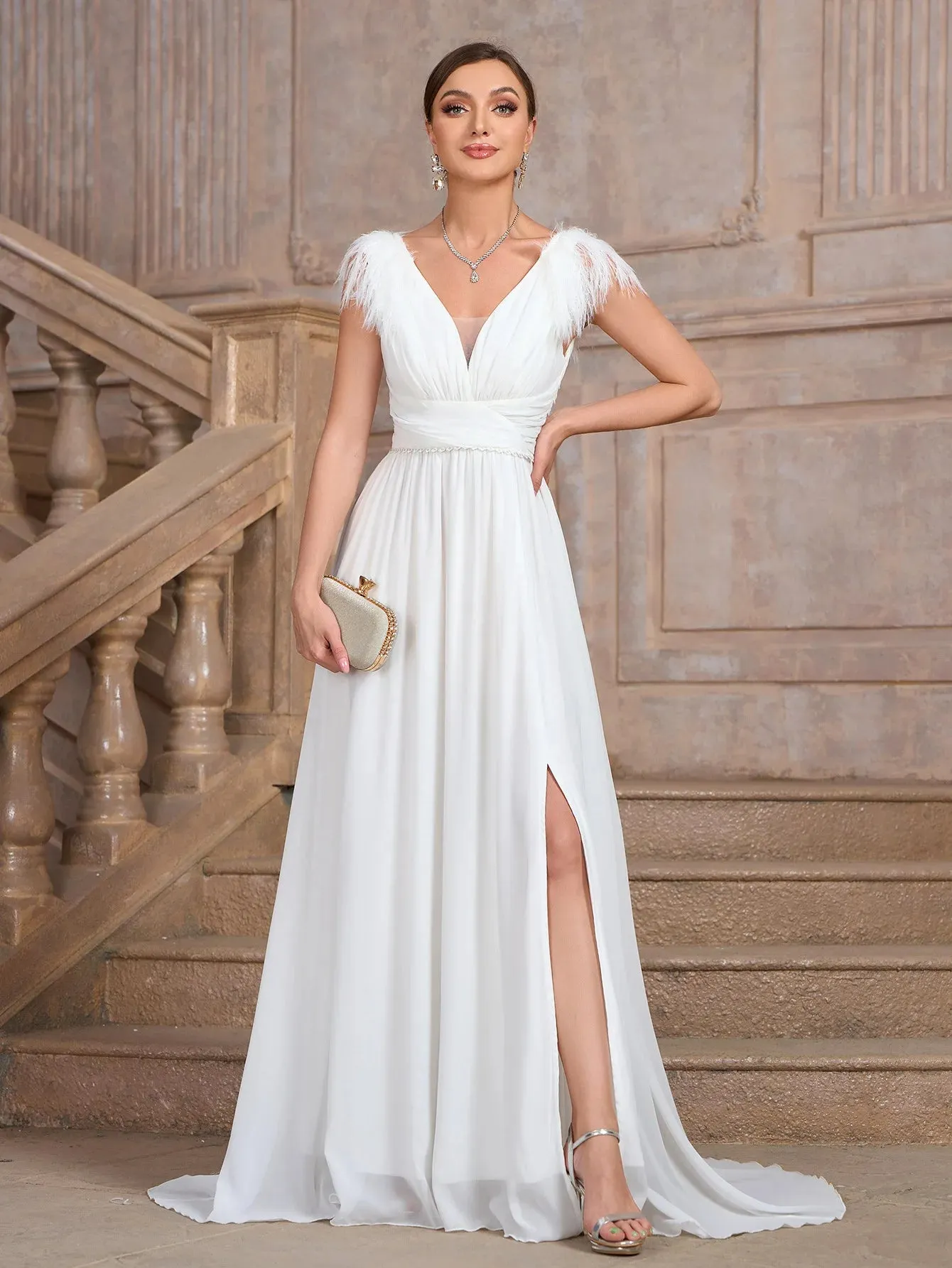 Formal Wedding Dress Feather-Trim V-Neck Bridal Gown