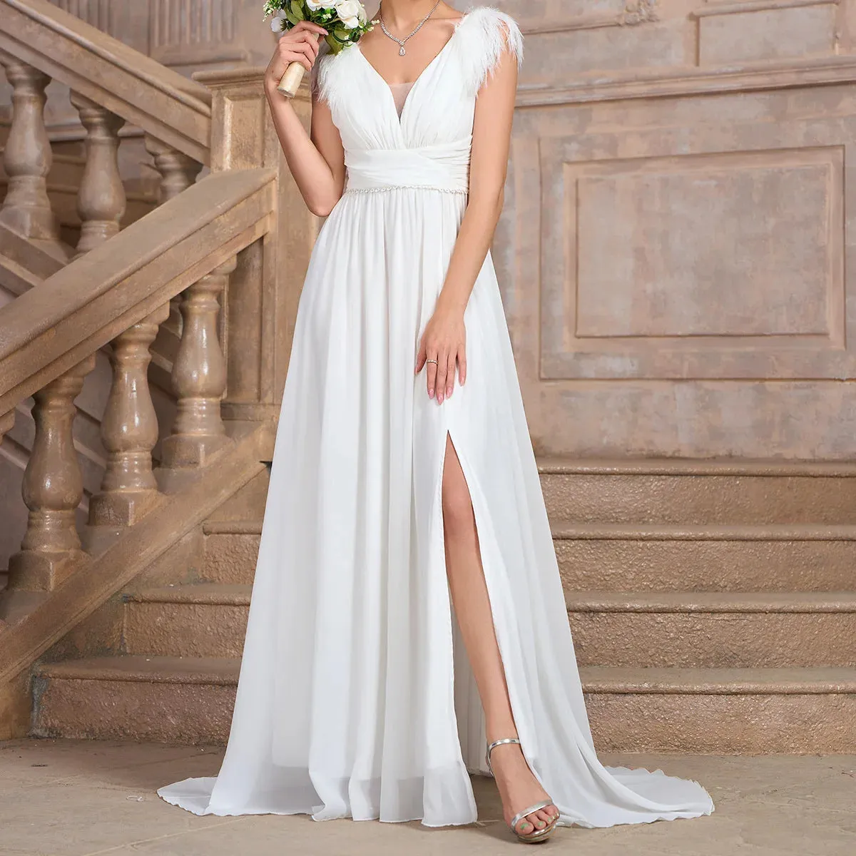 Formal Wedding Dress Feather-Trim V-Neck Bridal Gown