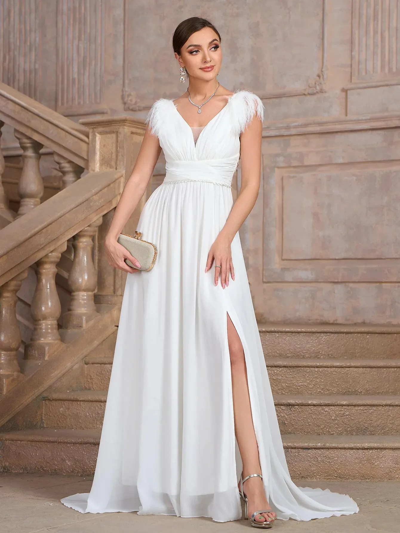 Formal Wedding Dress Feather-Trim V-Neck Bridal Gown