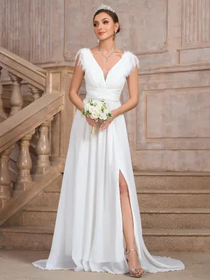 Formal Wedding Dress Feather-Trim V-Neck Bridal Gown