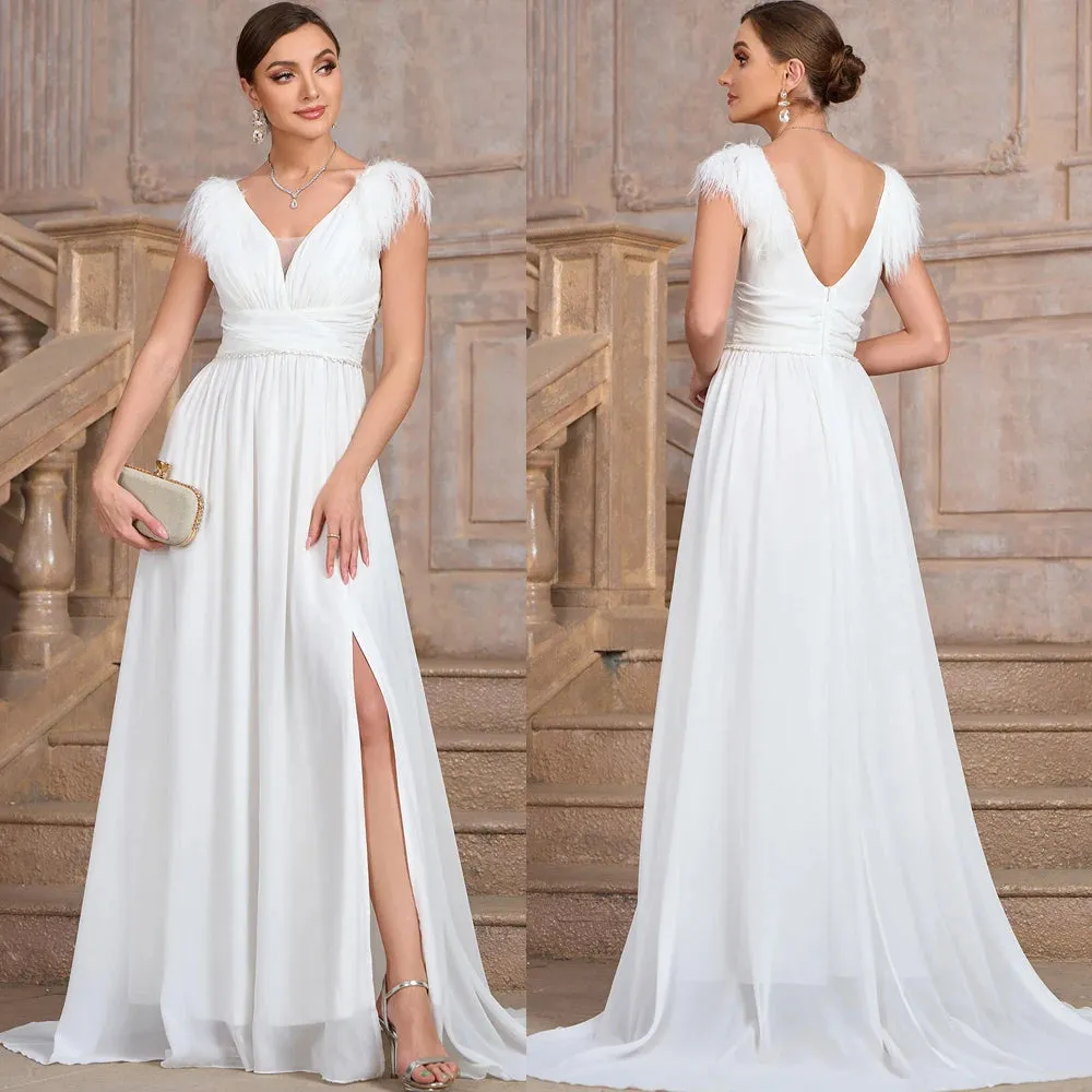 Formal Wedding Dress Feather-Trim V-Neck Bridal Gown