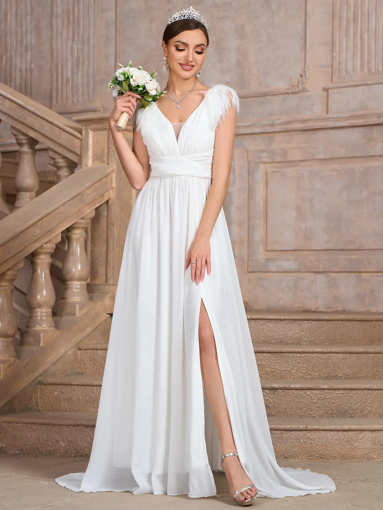 Formal Wedding Dress Feather-Trim V-Neck Bridal Gown