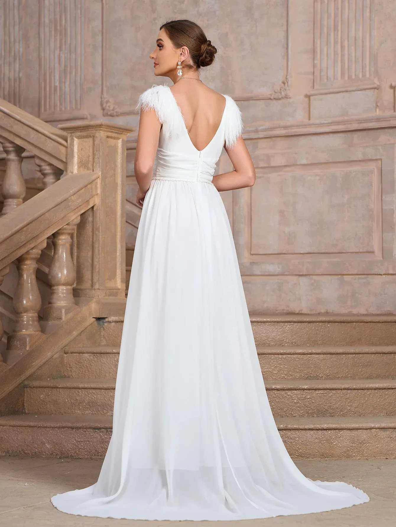 Formal Wedding Dress Feather-Trim V-Neck Bridal Gown