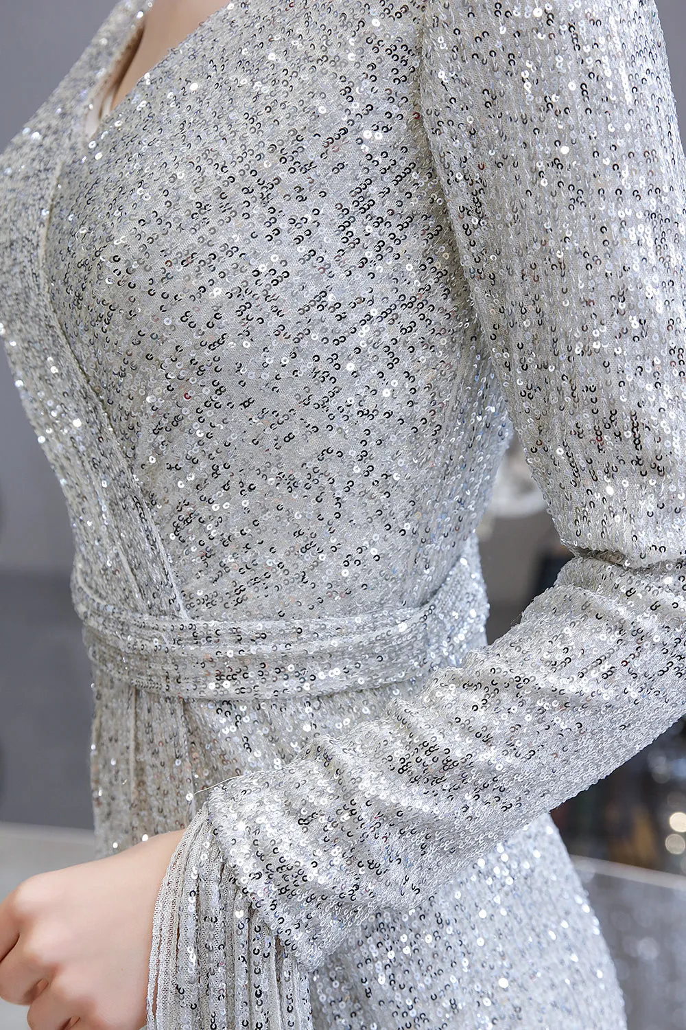 Gorgeous Sequins Long Sleeve V-Neck Mermaid Evening Gowns