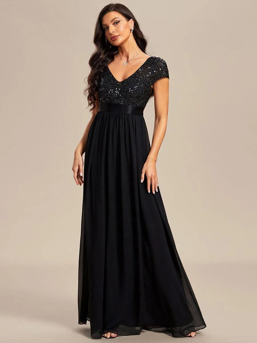 Greta | Empire Waist V-Neck Cap Sleeve Chiffon Formal Evening Dress