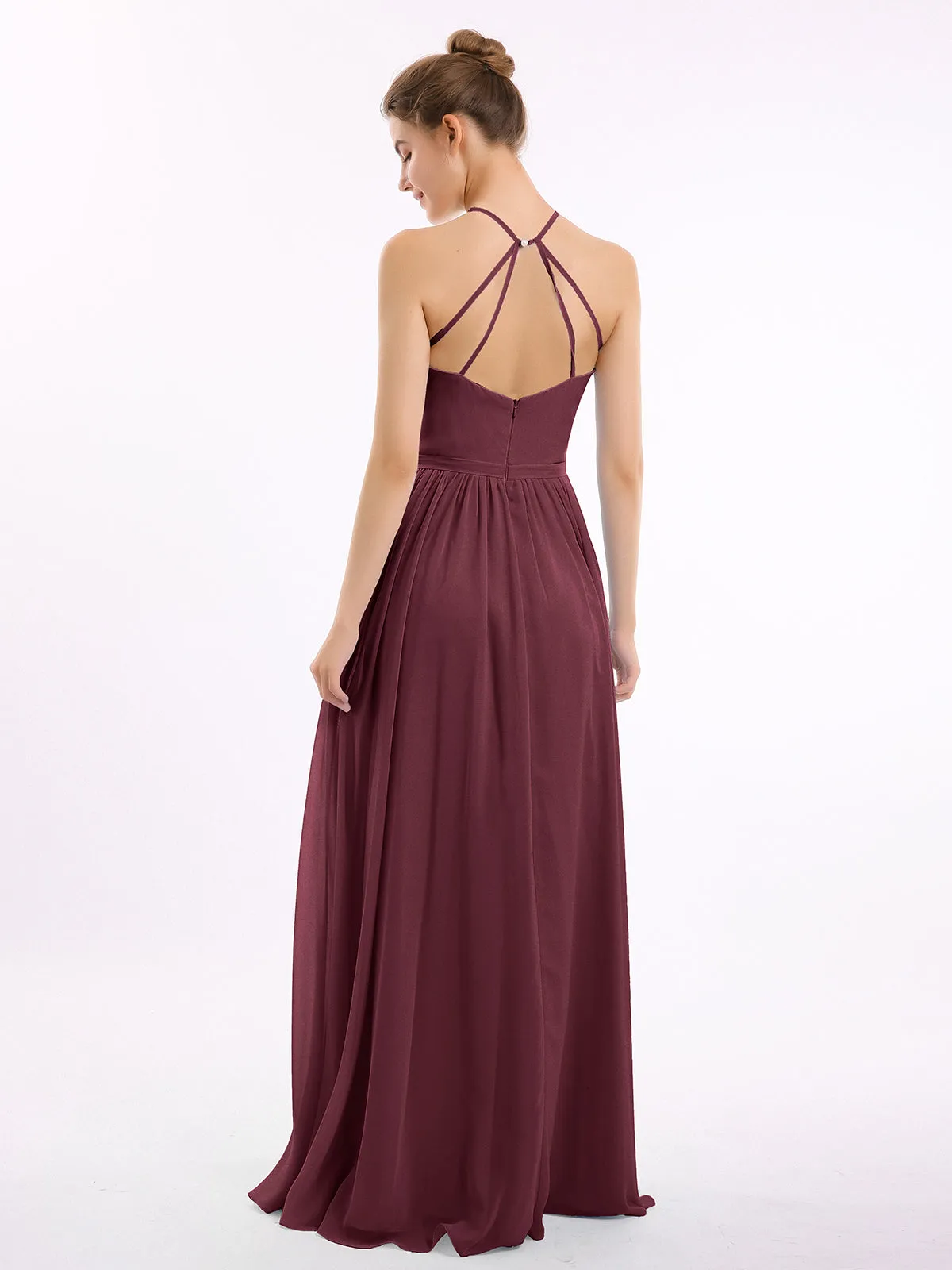 Halter Long Chiffon Gowns with Double Straps-Cabernet