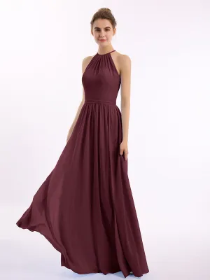 Halter Long Chiffon Gowns with Double Straps-Cabernet