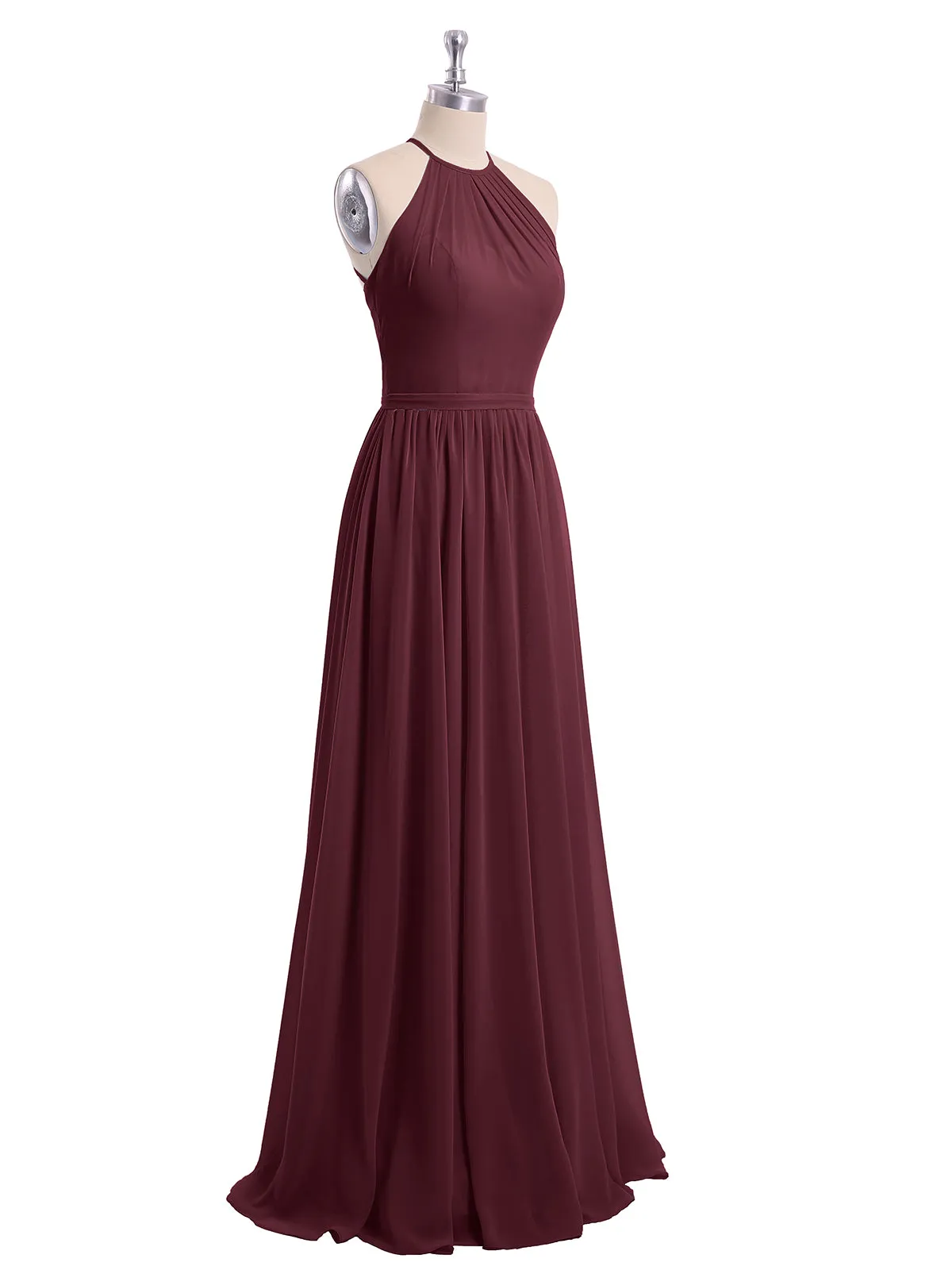 Halter Long Chiffon Gowns with Double Straps-Cabernet