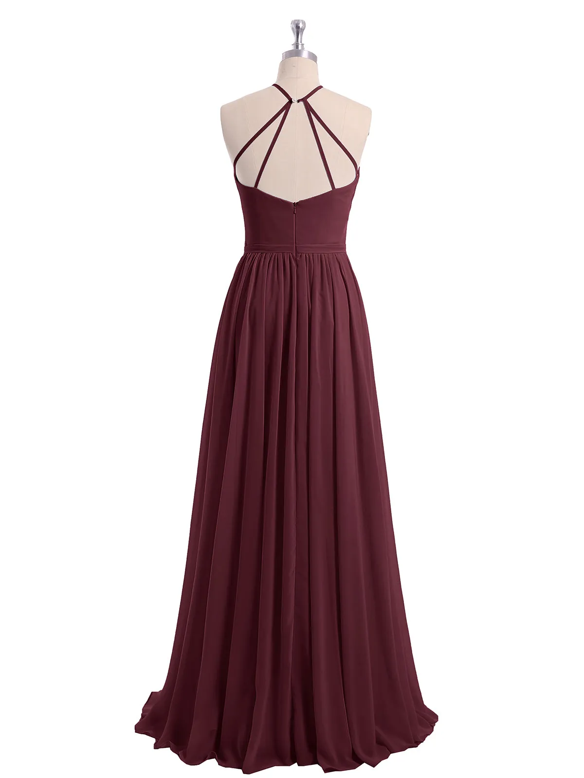 Halter Long Chiffon Gowns with Double Straps-Cabernet