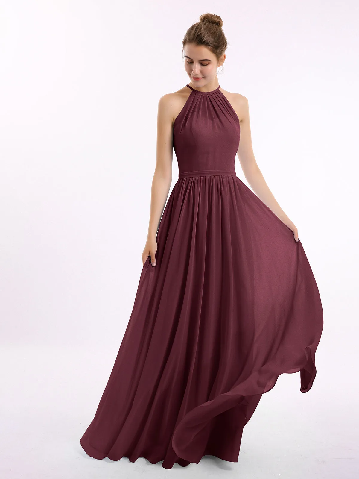 Halter Long Chiffon Gowns with Double Straps-Cabernet