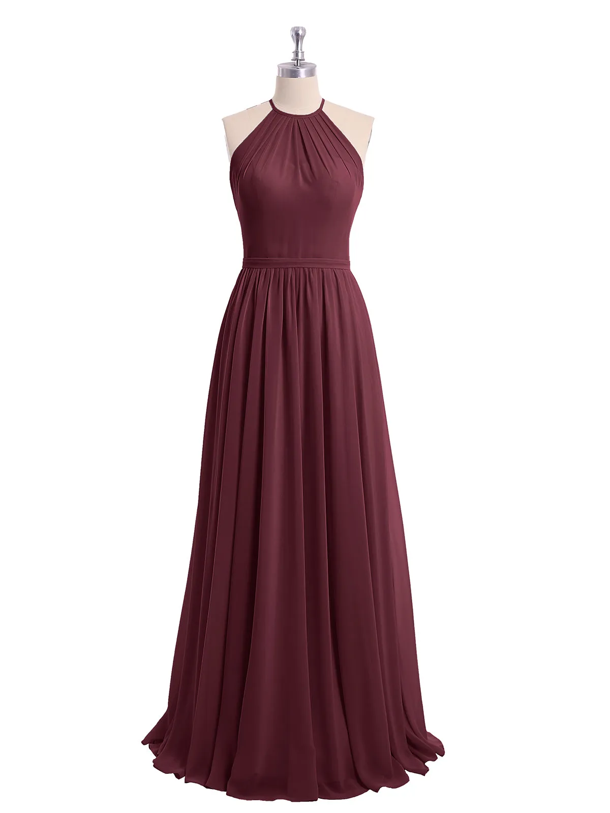 Halter Long Chiffon Gowns with Double Straps-Cabernet