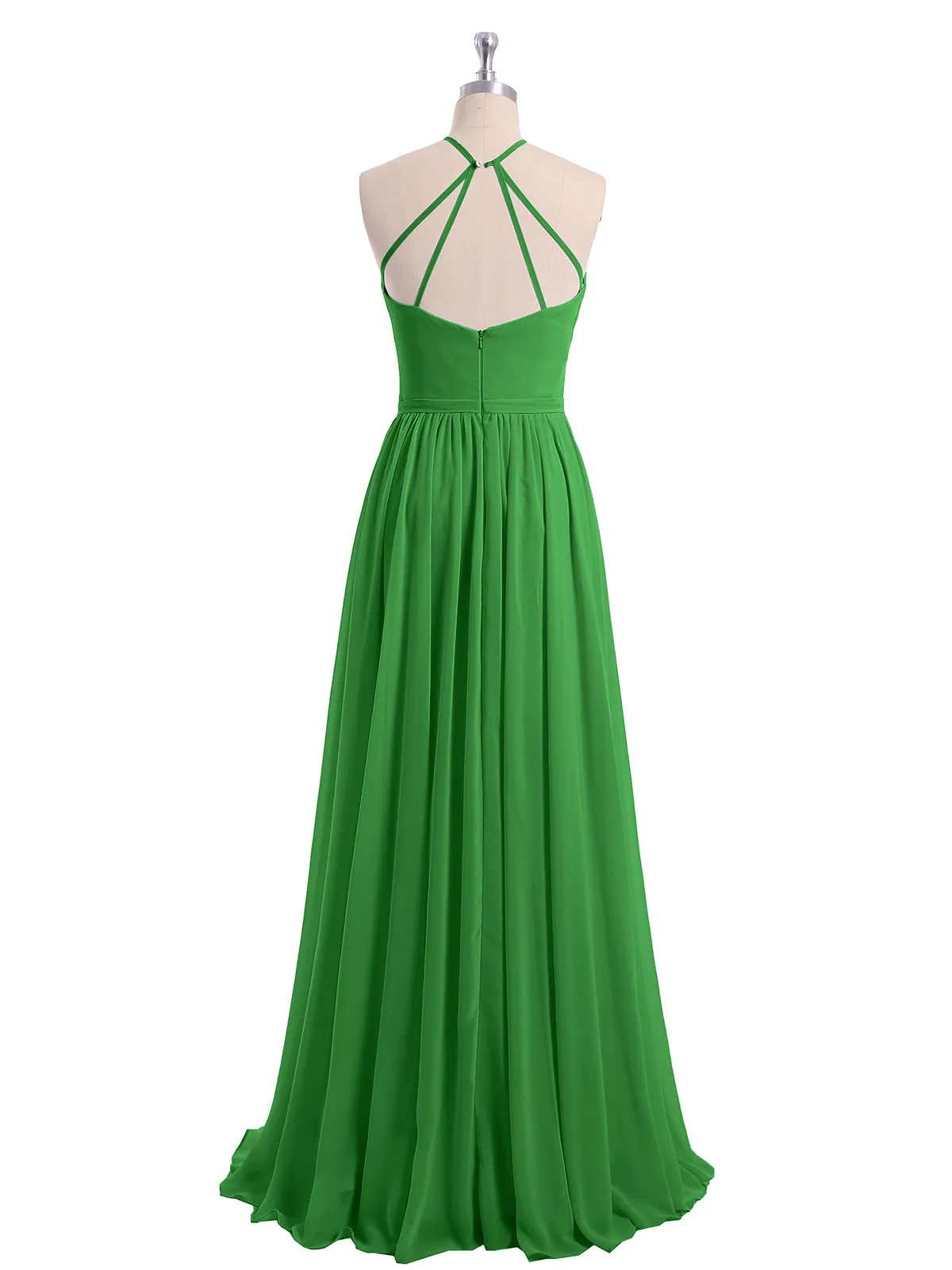 Halter Long Chiffon Gowns with Double Straps-Green