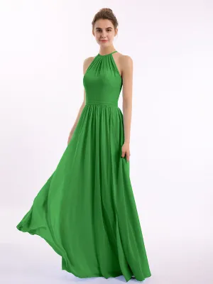 Halter Long Chiffon Gowns with Double Straps-Green