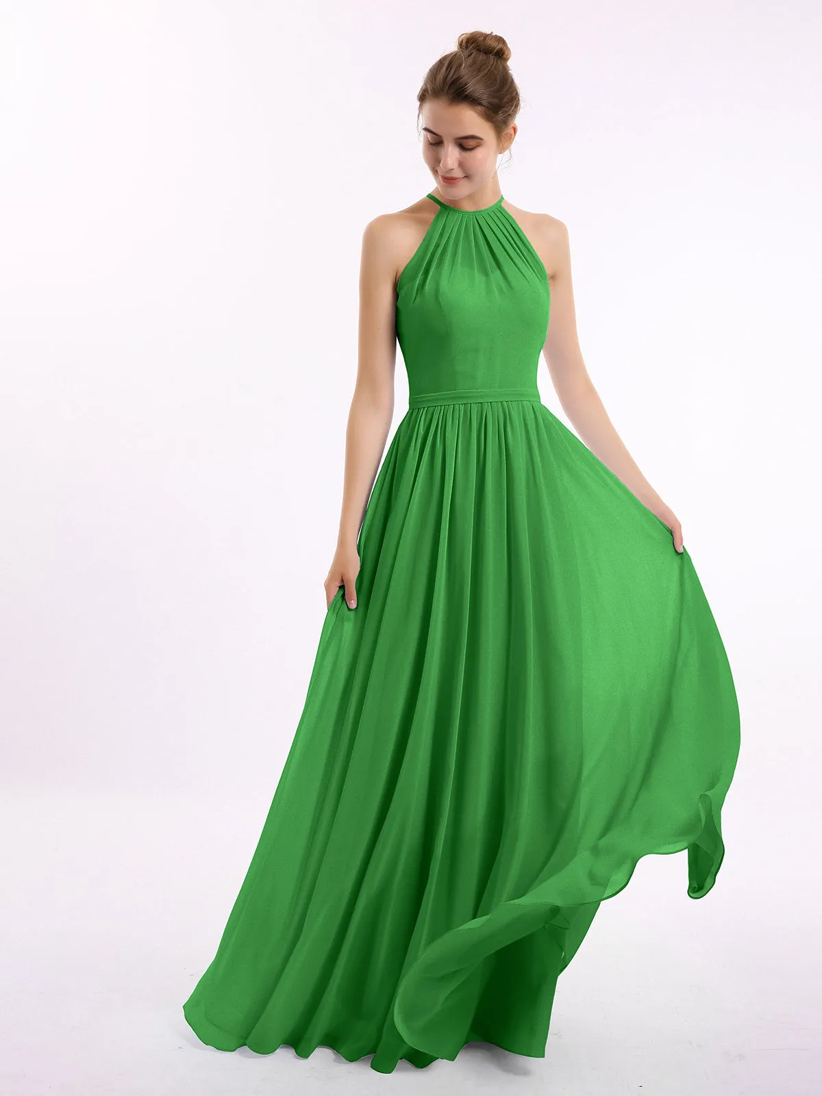 Halter Long Chiffon Gowns with Double Straps-Green