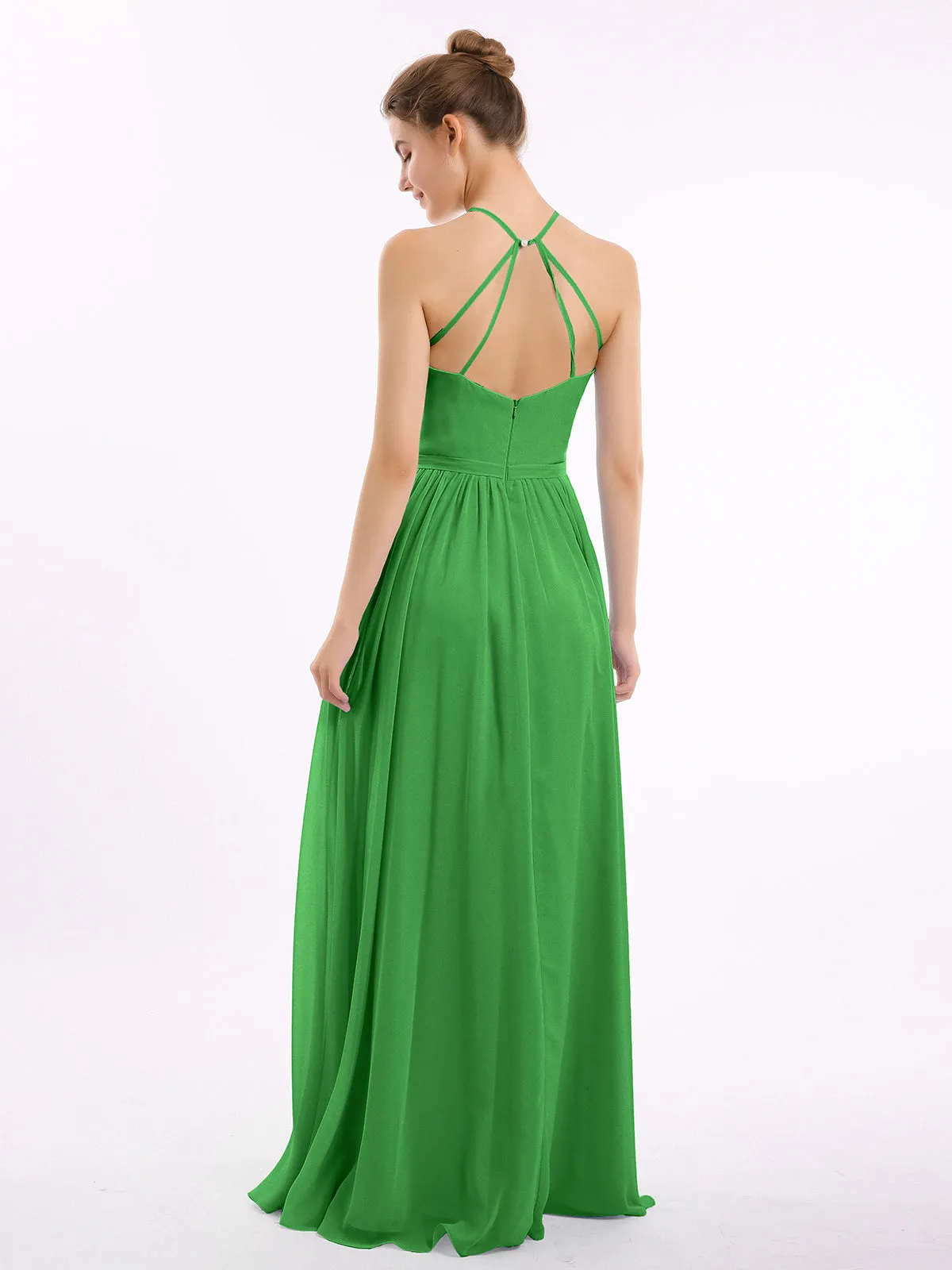 Halter Long Chiffon Gowns with Double Straps-Green