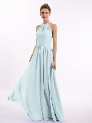 Halter Long Chiffon Gowns with Double Straps-Mist