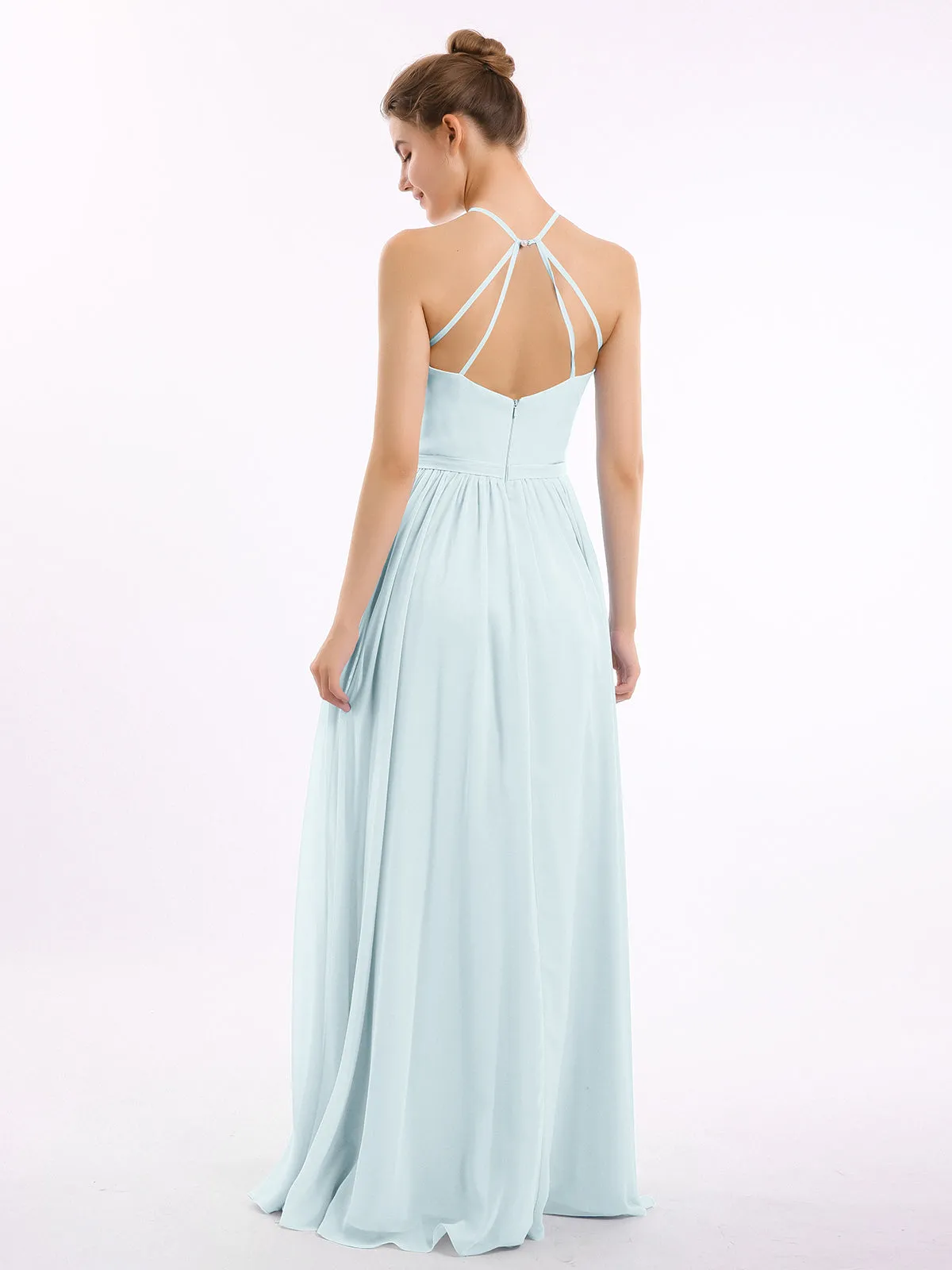 Halter Long Chiffon Gowns with Double Straps-Mist