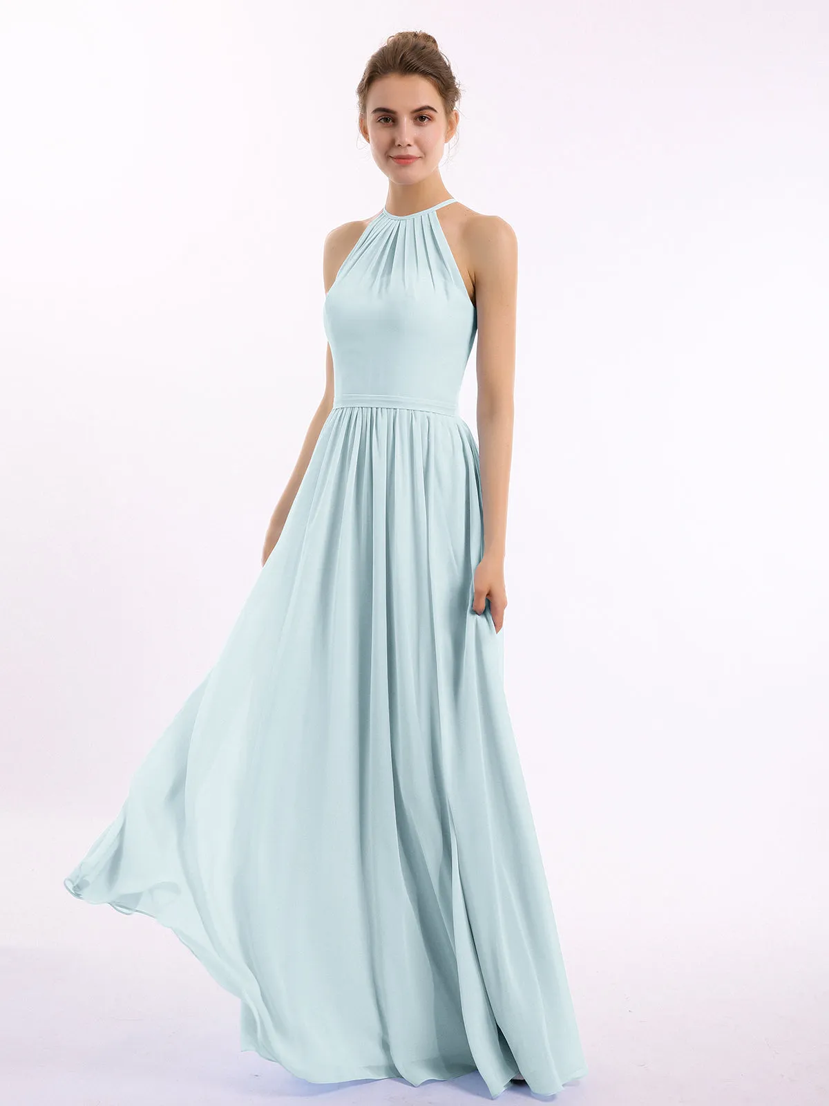 Halter Long Chiffon Gowns with Double Straps-Mist