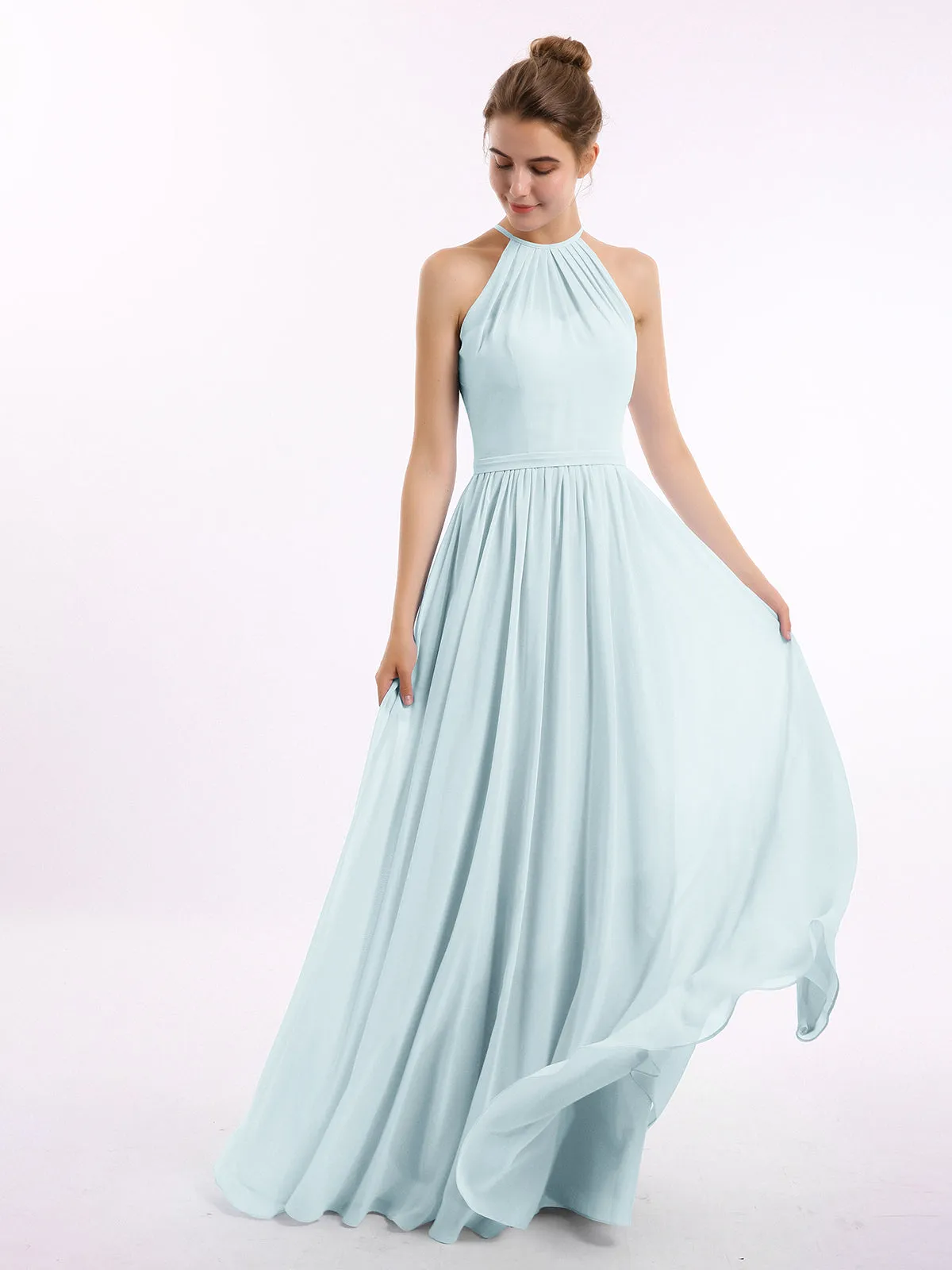 Halter Long Chiffon Gowns with Double Straps-Mist