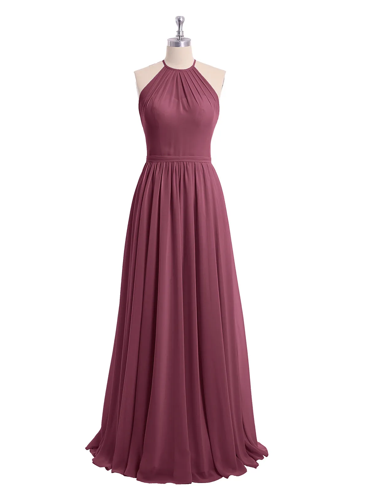 Halter Long Chiffon Gowns with Double Straps-Mulberry