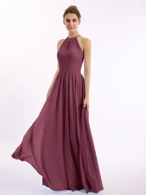 Halter Long Chiffon Gowns with Double Straps-Mulberry
