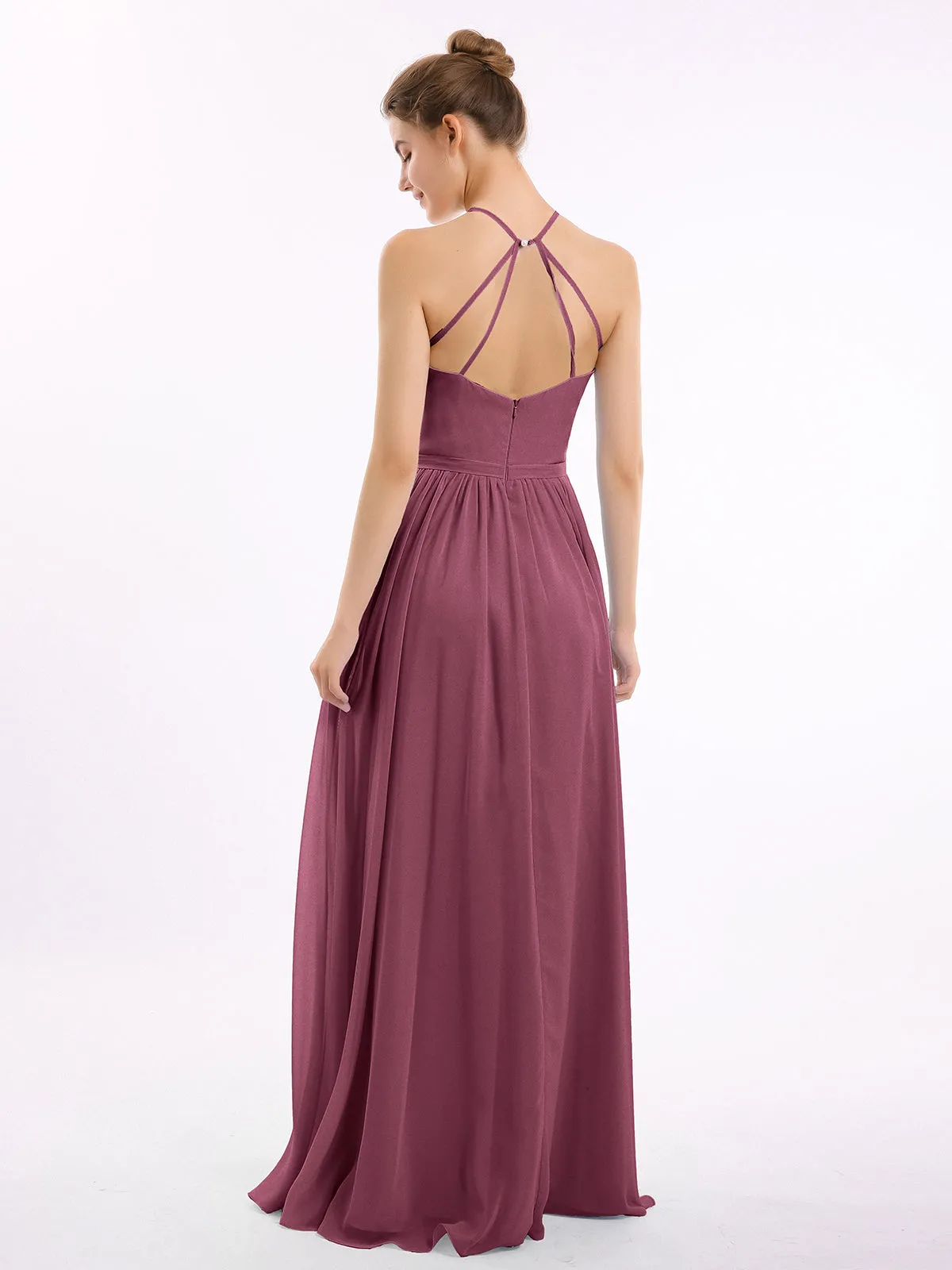 Halter Long Chiffon Gowns with Double Straps-Mulberry