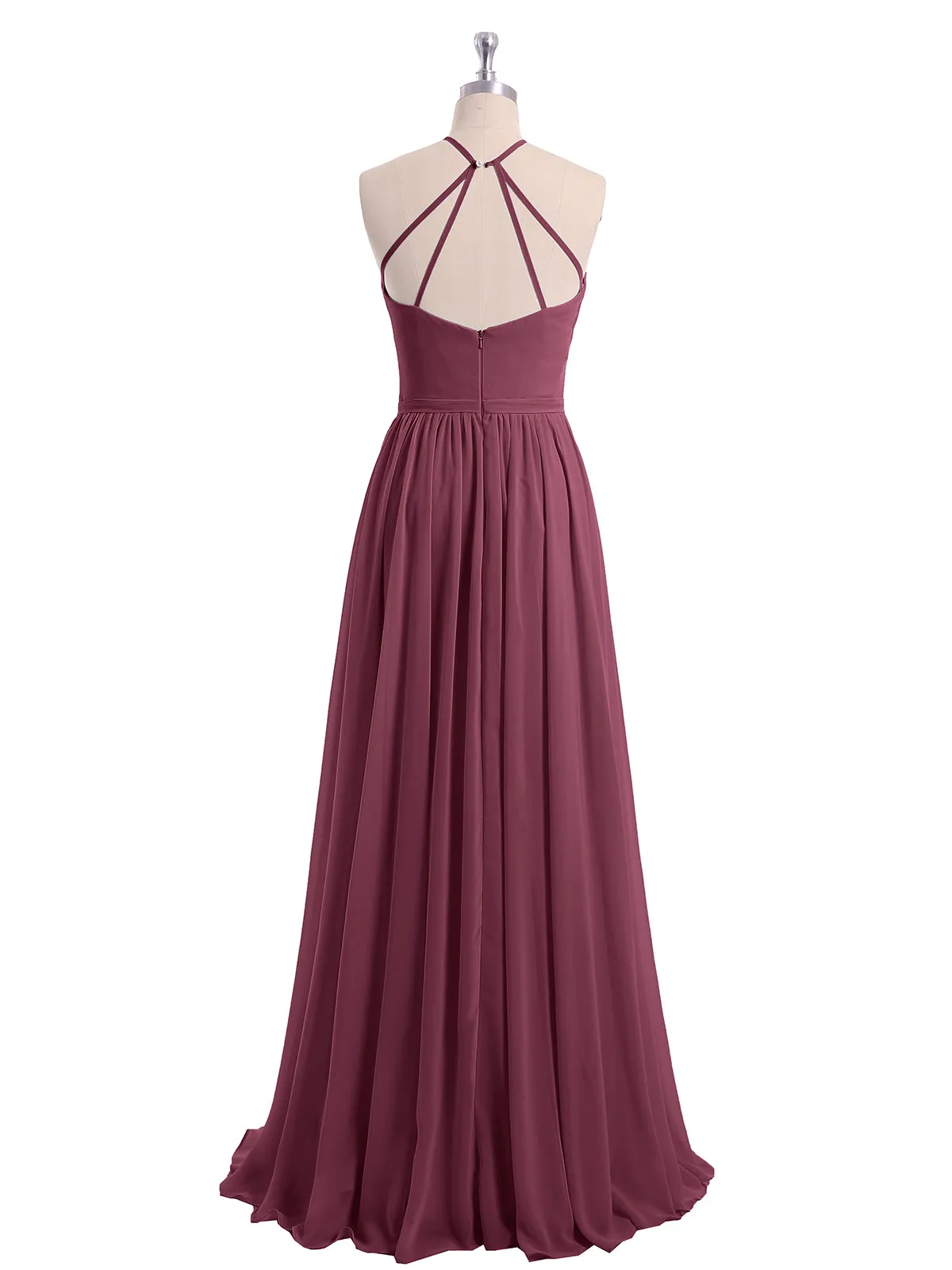 Halter Long Chiffon Gowns with Double Straps-Mulberry