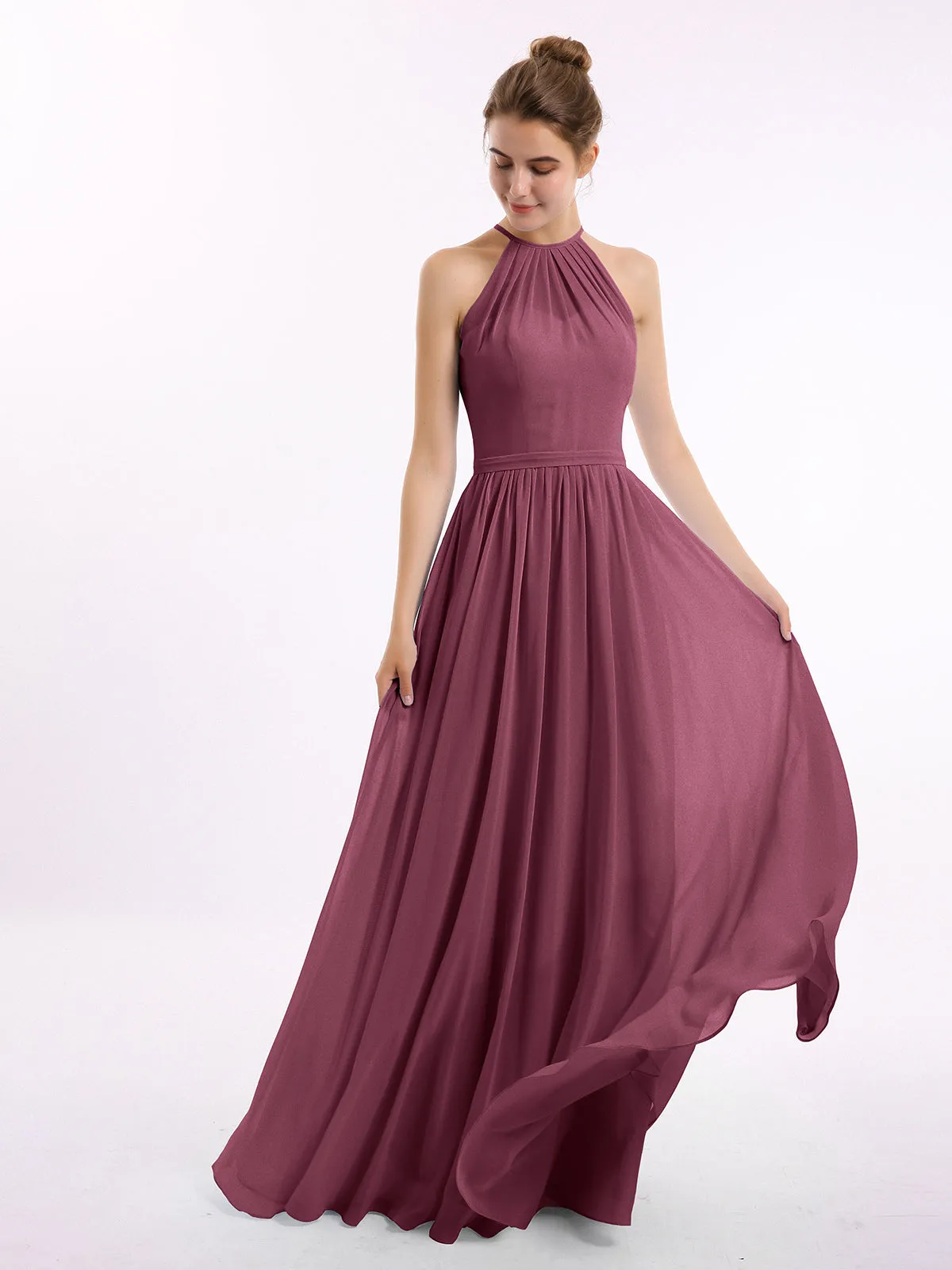 Halter Long Chiffon Gowns with Double Straps-Mulberry