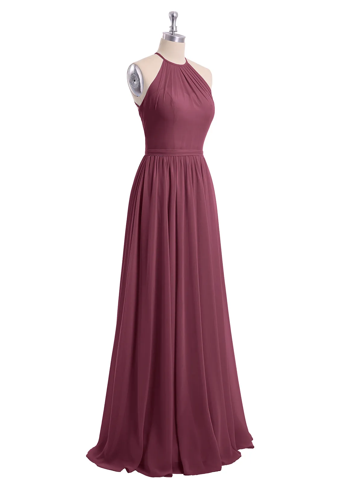 Halter Long Chiffon Gowns with Double Straps-Mulberry