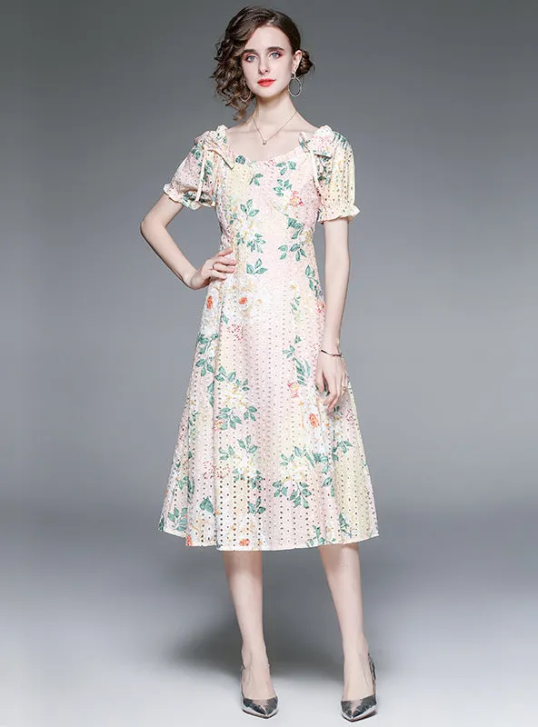 Hollow Lace Embroidered Waist Print Dress
