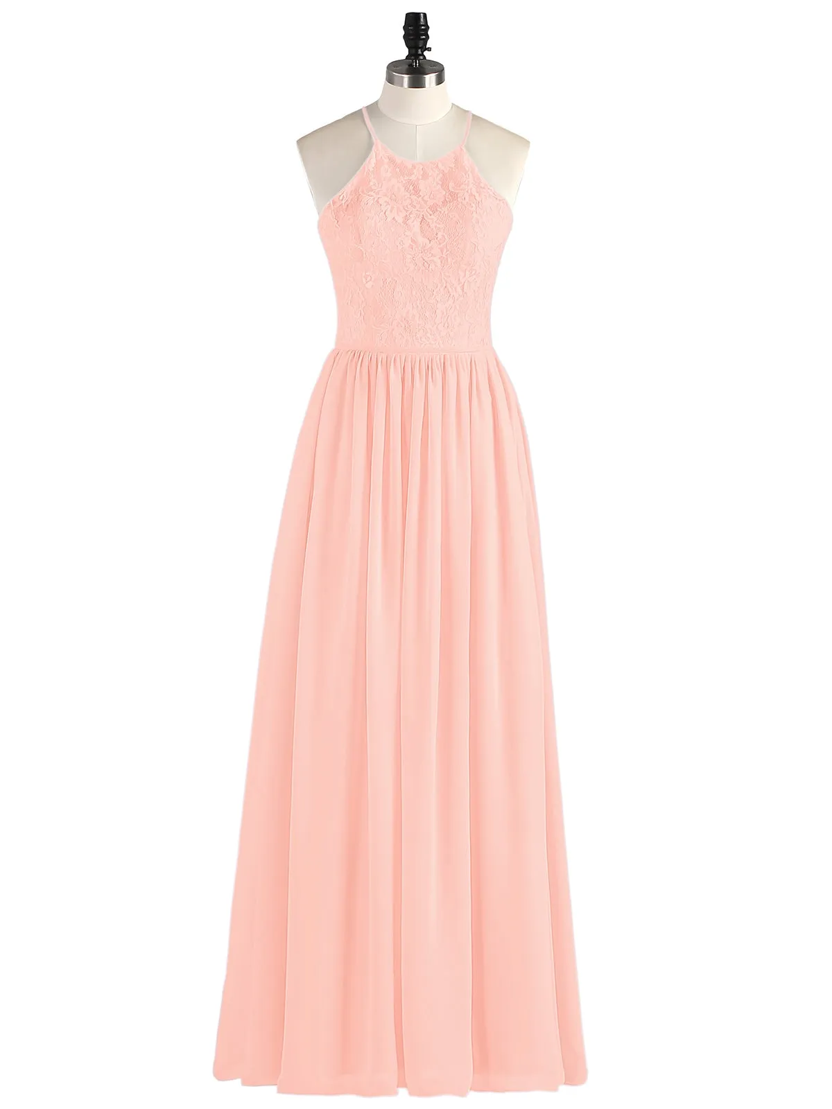 Illusion Neck Lace and Chiffon Maxi Gowns-Coral