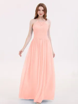 Illusion Neck Lace and Chiffon Maxi Gowns-Coral